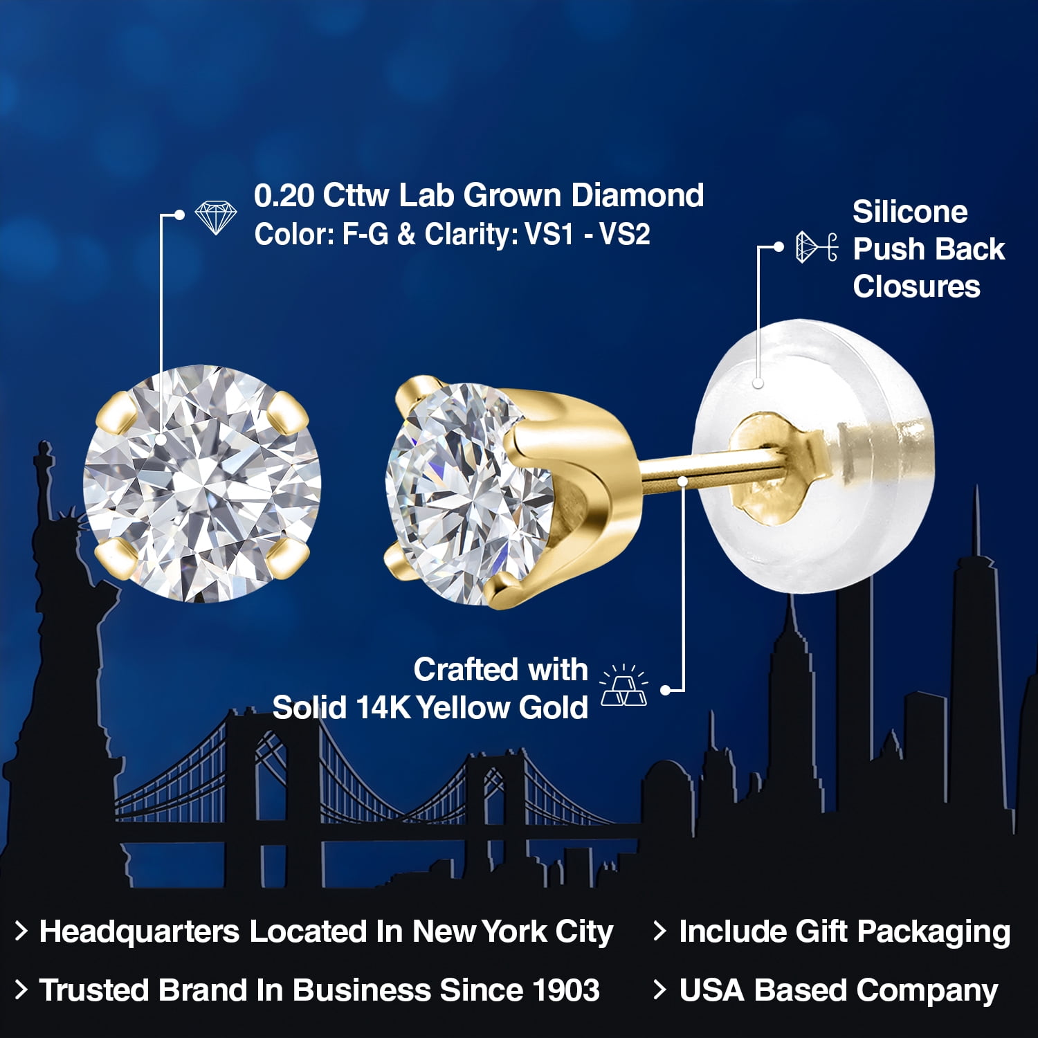 Gem Stone King 14K Yellow Gold Lab Grown Diamond Stud Earrings for Women Men (0.20 Cttw, E-F Color, VS1-VS2 Clarity)