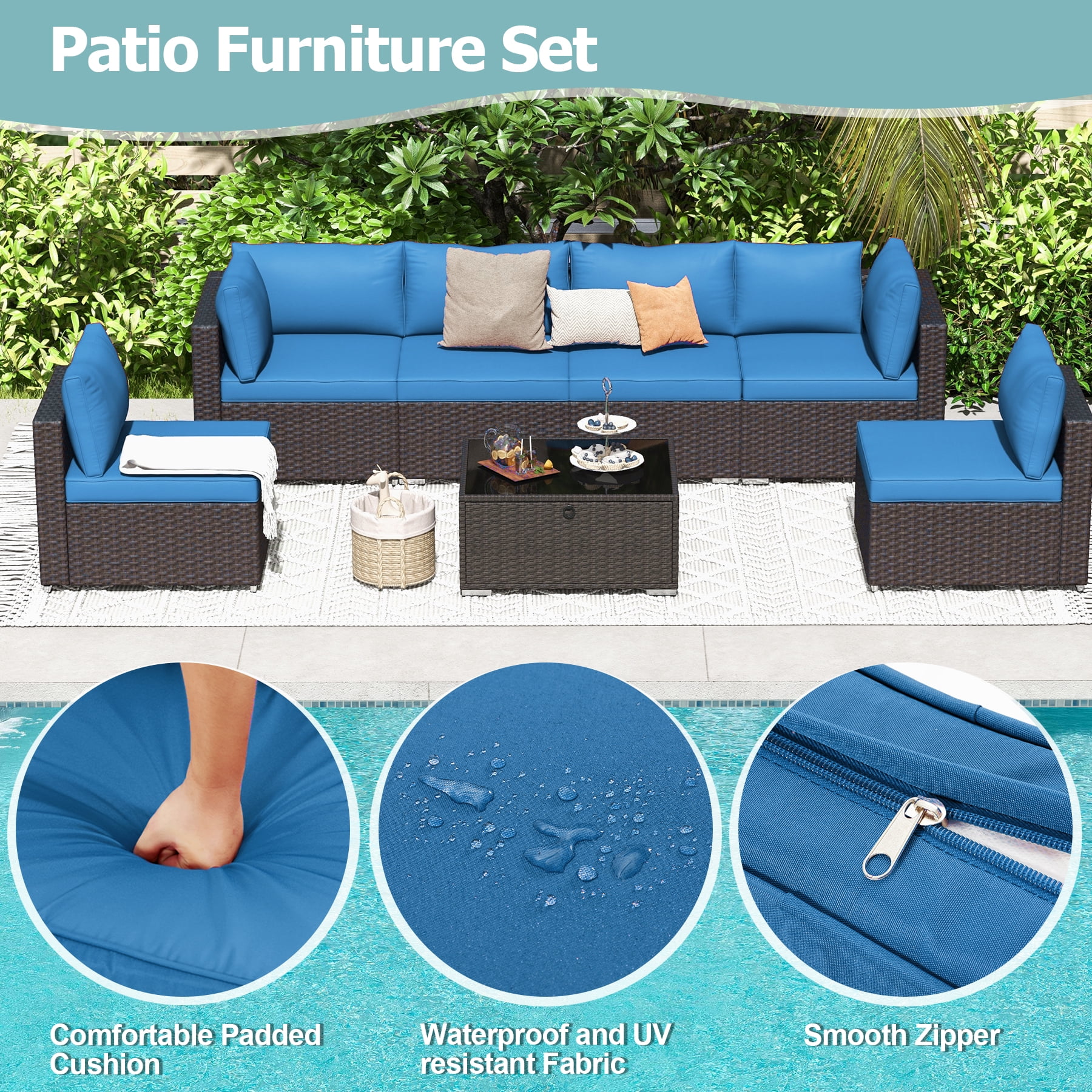 HOMREST 7-Piece Rattan Wicker Outdoor Sectionals with Adjustable Bracket, Blue