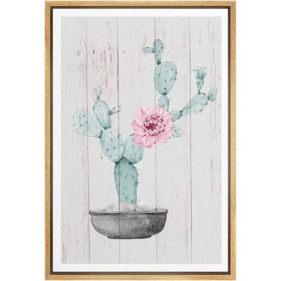 IDEA4WALL Framed Canvas Art Wall Decor Prickly Pear Cactus with Pink Flower and WOD Panel Botanical Plants Illustrations Realism Decorative Elements for Dorm Home Office - 24"x36"