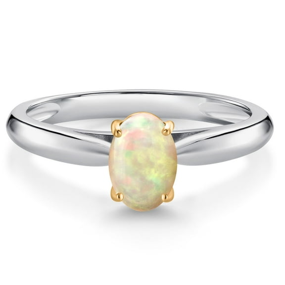 Gem Stone King 10K White and Yellow Gold White Ethiopian Opal Solitaire Engagement Ring for Women (0.51 Cttw, Oval Cabochon 7X5MM, Gemstone Birthstone, Size 5)