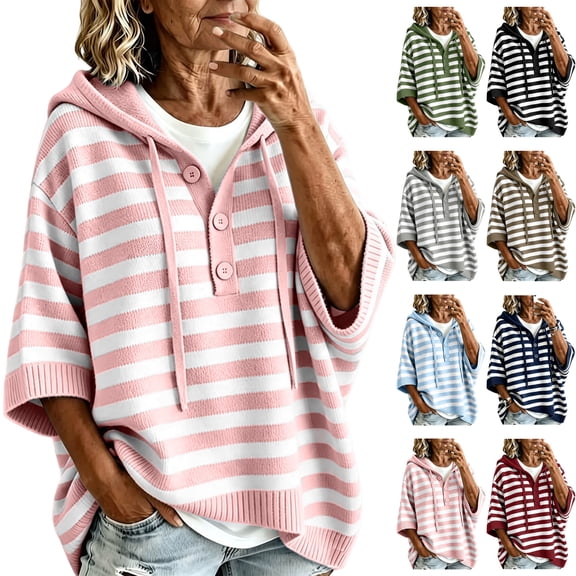 Women's Striped Hoodie Sweater Elbow Sleeve Henley Oversized Knit Pullover Tops Loose Slouchy Half Button Poncho for Fall Outfits, Pink, XXL