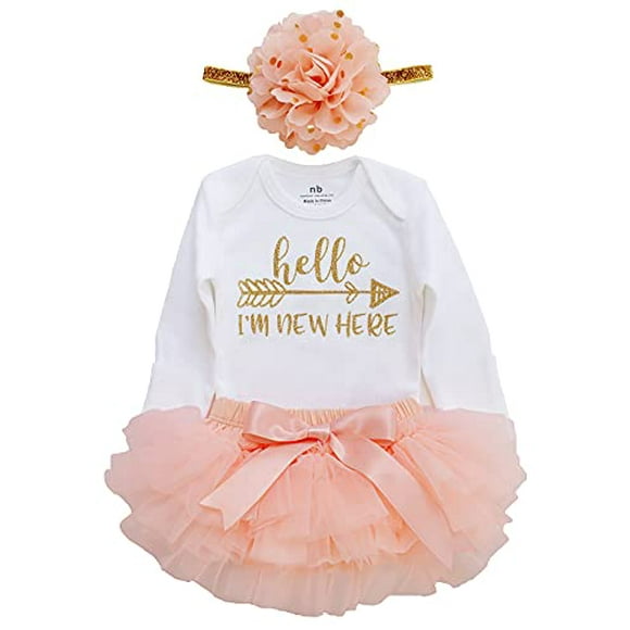 LilPinkGoose Baby Girl Coming Home Outfit Hello I am New here Bodysuits 3pcs ( , Peach Long Sleeve)