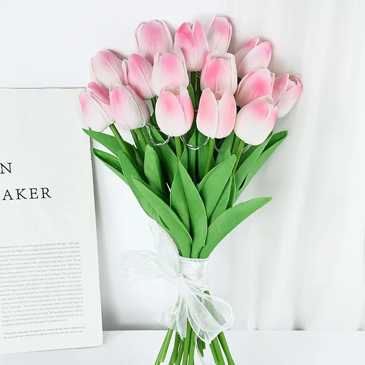Artificial Tulip Flowers LED Lights Fake Tulips Bouquet Battery Powered Real Touch Led Night Light for Home Office Table Centerpiece Wedding