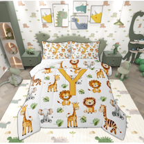 Manfei Initial Y Letter Queen Comforter Set for Kids, Kawaii Lion Giraffe Elephant Bedding Sets, Zoo Animal Reversible Bedding Comforter Set, Super Cozy Room Decor, 3 Pieces