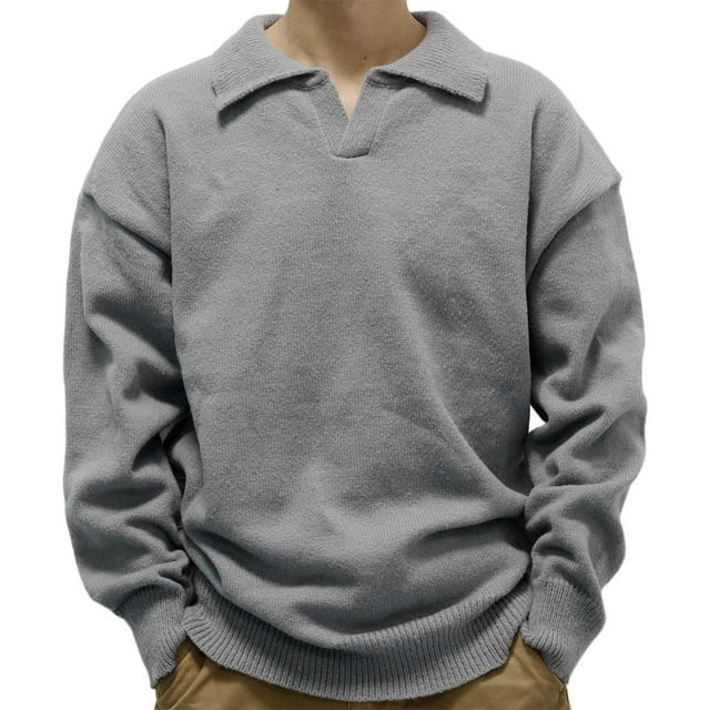 Wolfast Mens Sweaters Lapel Collar V-Neck Long Sleeve Pullover High Stretchy Ribbed Knit Fashion Tops Gray L