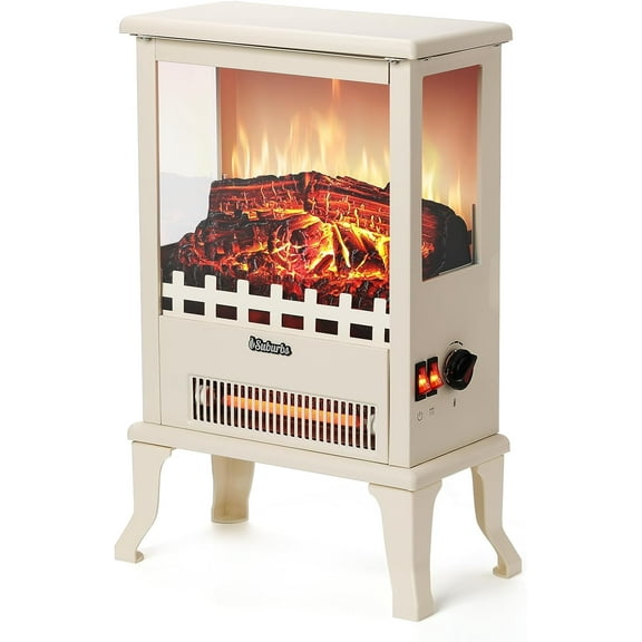 TURBRO Suburbs TS17Q Infrared Electric Fireplace Stove, 19" Freestanding Stove Heater with 3-Sided View, Realistic Flame, Overheating Protection, CSA Certified, for Small Spaces, Bedroom - 1500W Ivory