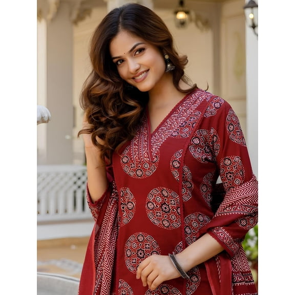 Anouk Women Printed Regular Mirror Work Pure Cotton Kurta with Palazzos & With Dupatta - Indian Ethnic Traditional Wear Kurta Set