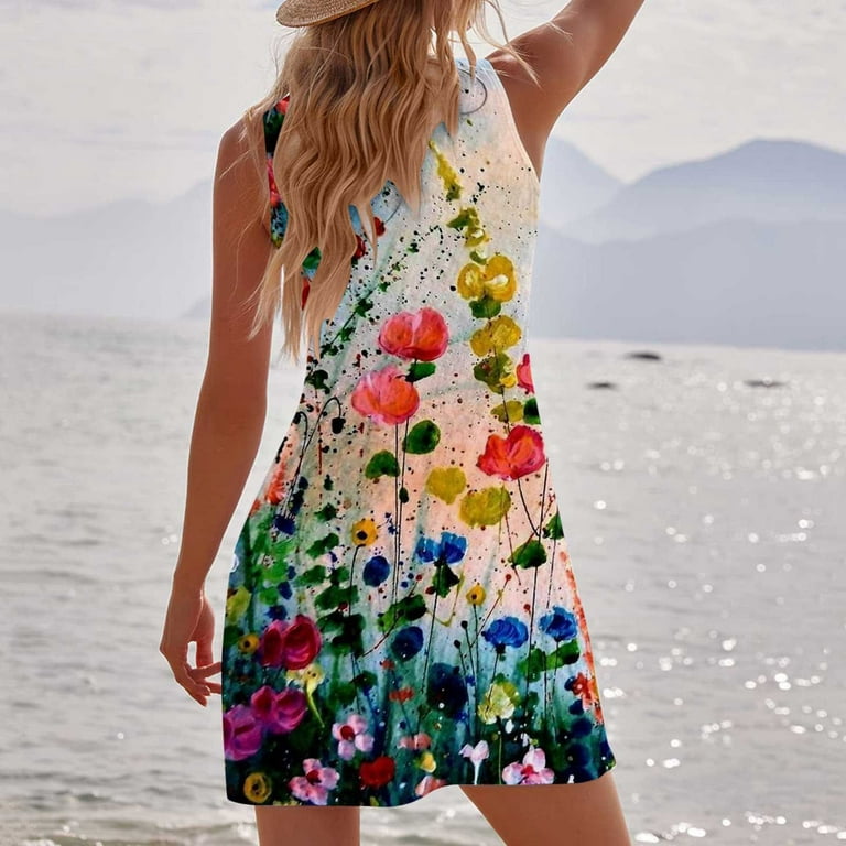 Wycnly Summer Dresses for Women Beach High Waist Flowy Pleated