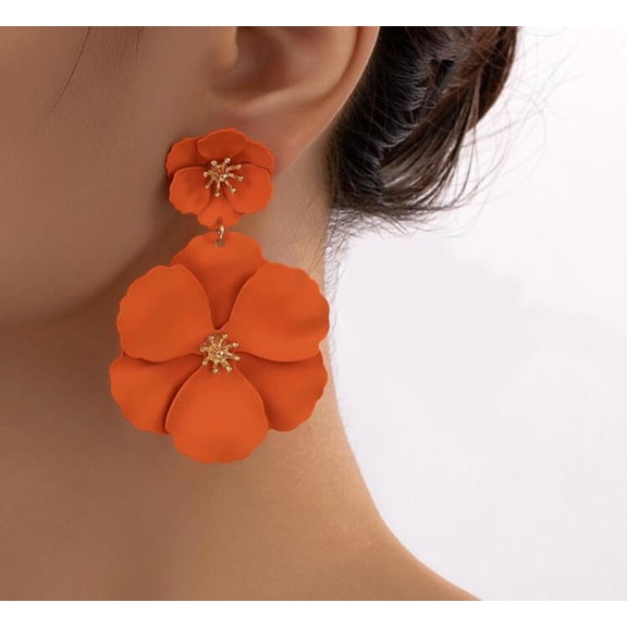 Clip on 2 3/4" gold and orange double flower dangle earrings