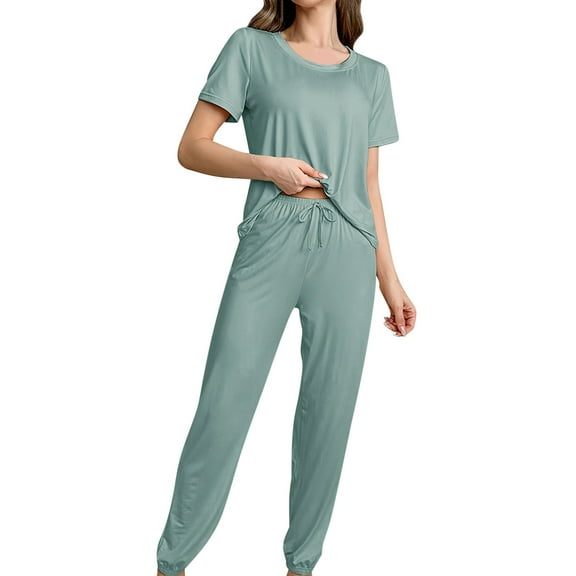 Dvprdro Women's Pajama Sets Short Sleeve Shirts Tops and Long Pants Lounge Outfits Lightweight Comfy Home Wear Loose Fit Sleepwear Pjs Sets