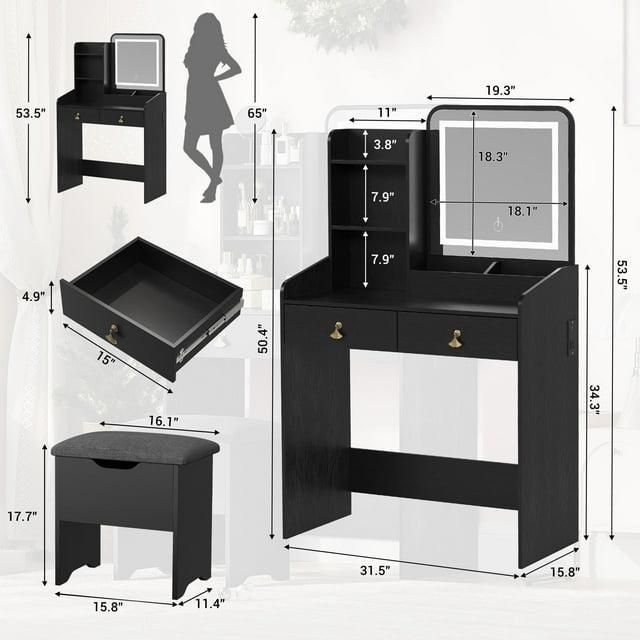 EDTara Vanity Desk, Makeup Vanity Table with 3 Lighting Color Adjustable Mirror and Charging Station, Dressing Table Set with 2 Large Drawers, 4 Open Shelves and Storage Stool for Bedroom