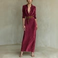 thumbnail image 2 of IWRICH Women's Suede Leather Dress Fall Long Sleeve Lapel Button Maxi Shirt Dress with Belt L, 2 of 5
