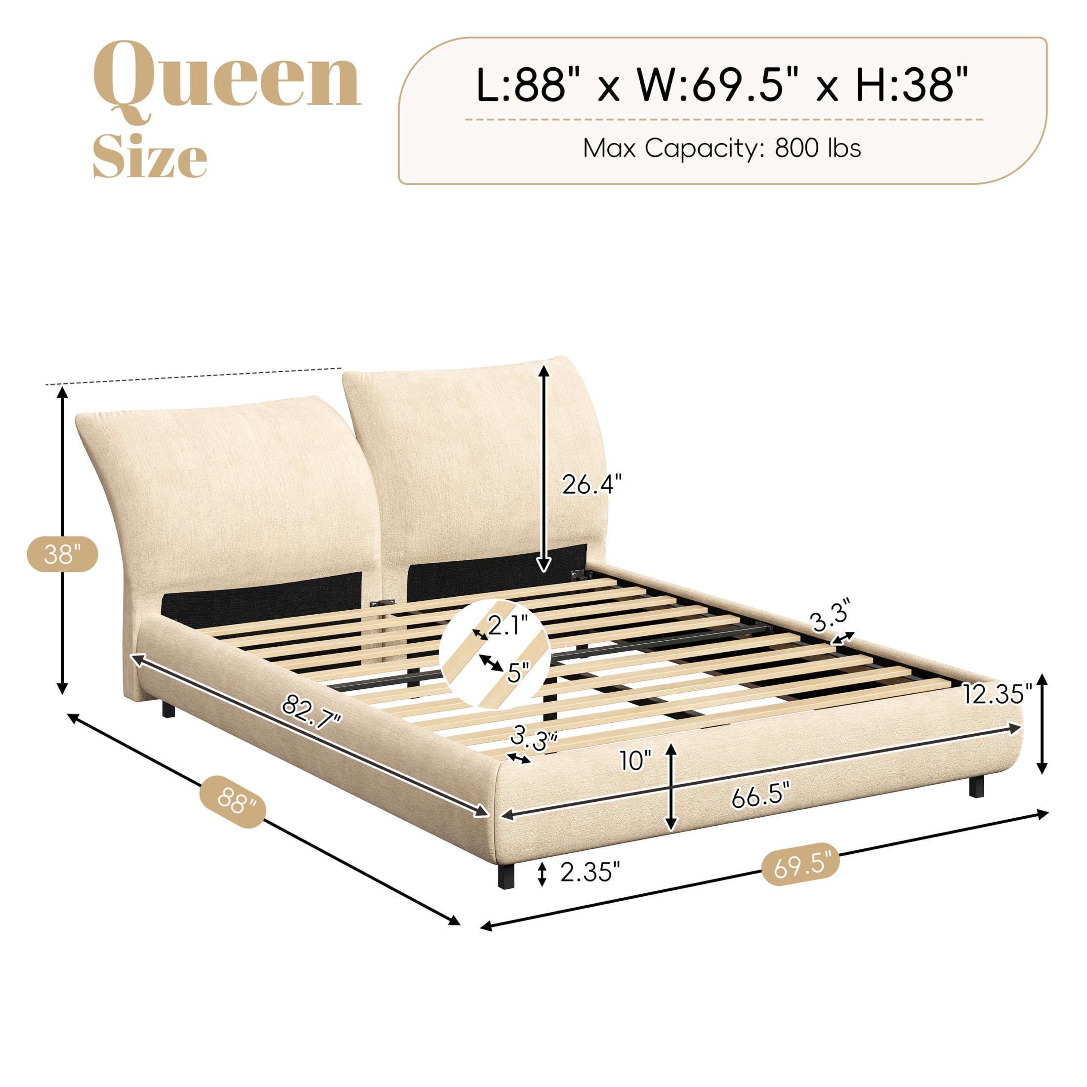 Christopher Knight Home Minimalist Upholstered Queen Bed Frame with Adjustable Cushions, Beige