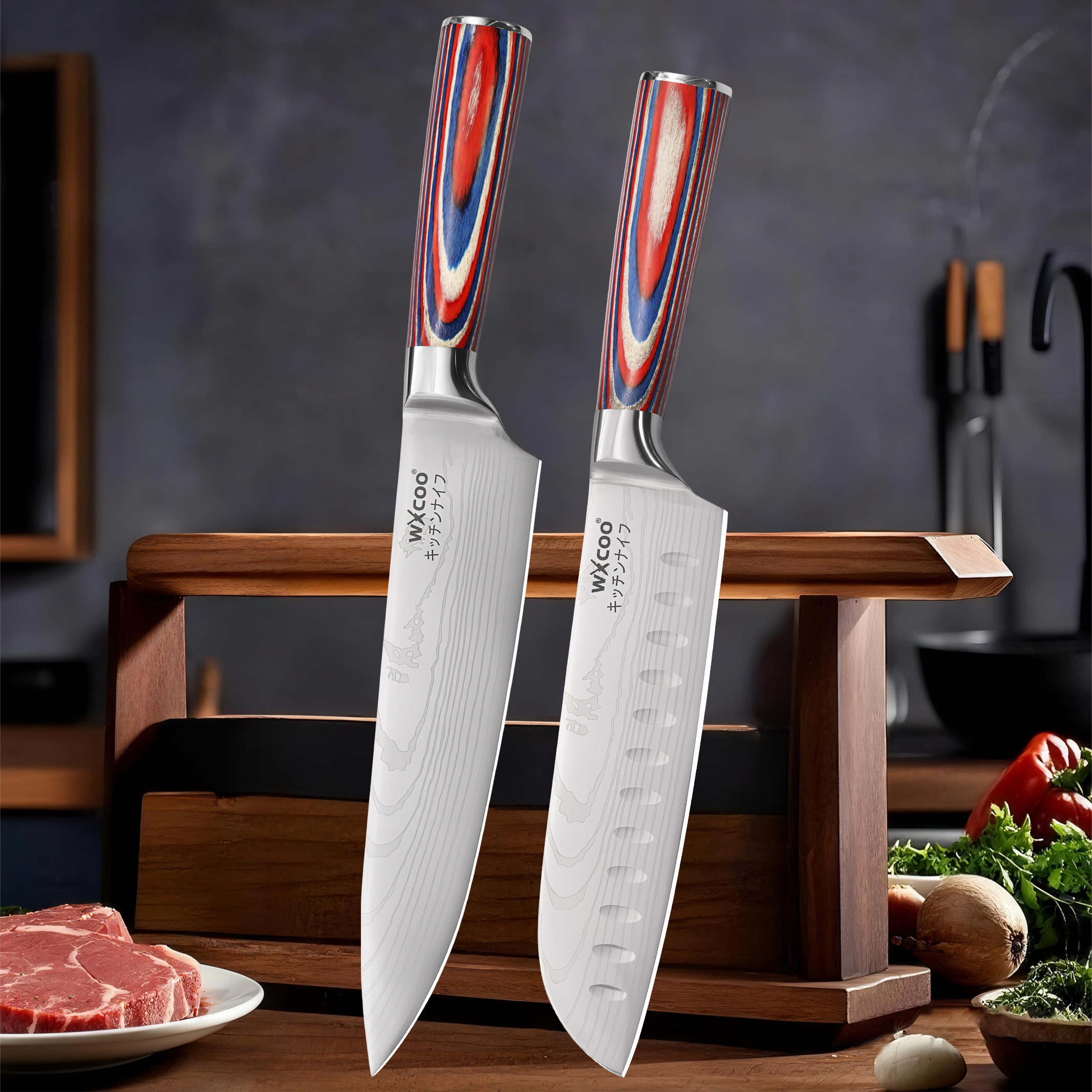 WXCOO Laser Damascus Pattern Kitchen Knife Set 2PCS Santoku Japanese Slicer Chef Knives High Wood Handle for Kitchen with Box