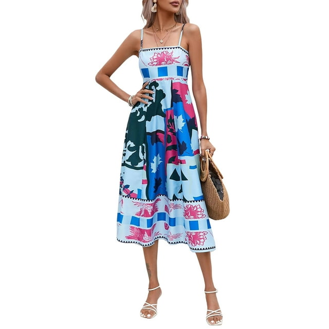Mialoley Femmes Été Décontracté une Ligne Robe Imprimée Spaghetti Sangle Midi Sans Dos Robe Mode Sans Manches Robe Cami