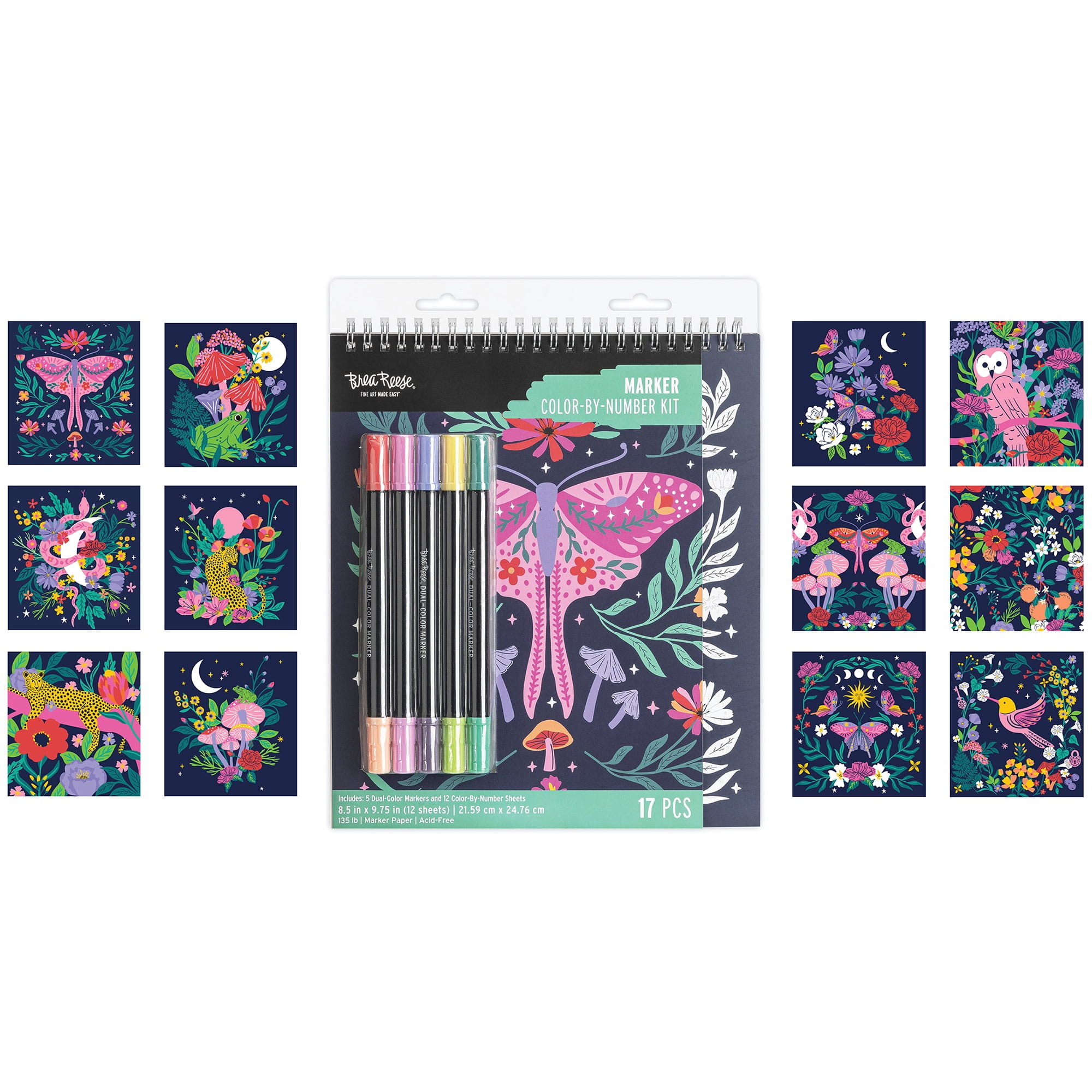Brea Reese: Marker Color-by-Number Kit - Whimsical Botanicals - 5 Dual-Tip Markers, 12 Designs, Guided Art, 8.5 x 9.75" Pages, Adult Spiral Art Pad