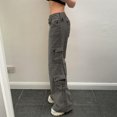 thumbnail image 3 of Street retro style irregular large pocket wide belt jeans straight casual pants-grey-M, 3 of 7