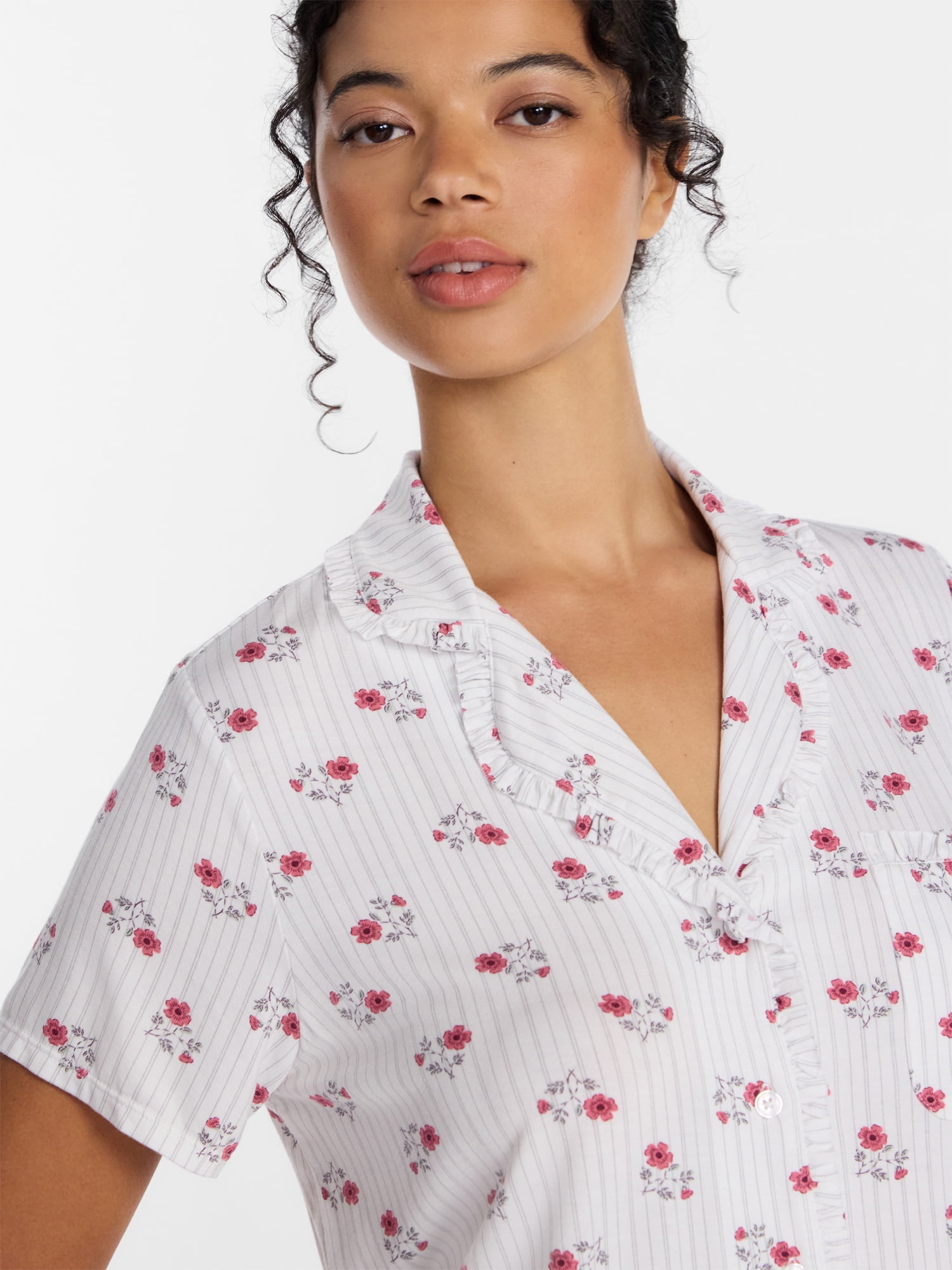 Joyspun Women’s Modal-Blend Ruffle Trim Notch Collar Top and Shorts Pajama Set, 2 Piece, Sizes XS-3X
