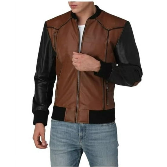 HIDE CRAFTS Mens Brown and Black Leather Vintage Bomber Zip Up Biker Style Fashion Jacket (US, Alpha, X-Large, Regular, Regular, Black and Brown)