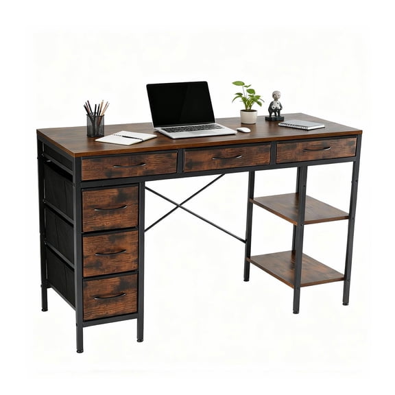 Resenkos 47 Inch Computer Desk with 6 Drawers, Sturdy Study Writing Desk for Home Office and Workstation, Brown