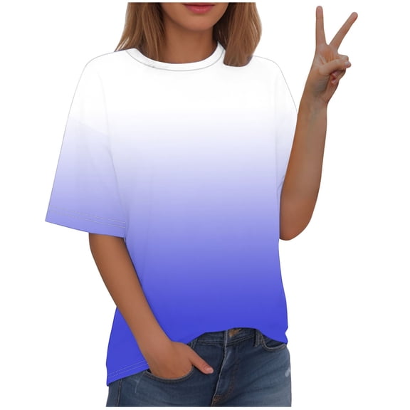 QQAMB Womens Summer Tops Plus Size Gradient Color Crewneck Short Sleeve Tee Shirts Causal Cute Trendy T-Shirts Blue M