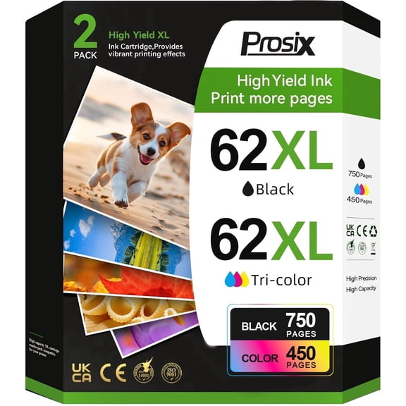 62XL Ink Cartridges Compatible for 62 62XL Ink Cartridge Work with Envy 5540 5640 5660 7640 7645 OfficeJet 5740 5745 8040 Printer (1 Black, 1 Tri-Color, 2-Pack)