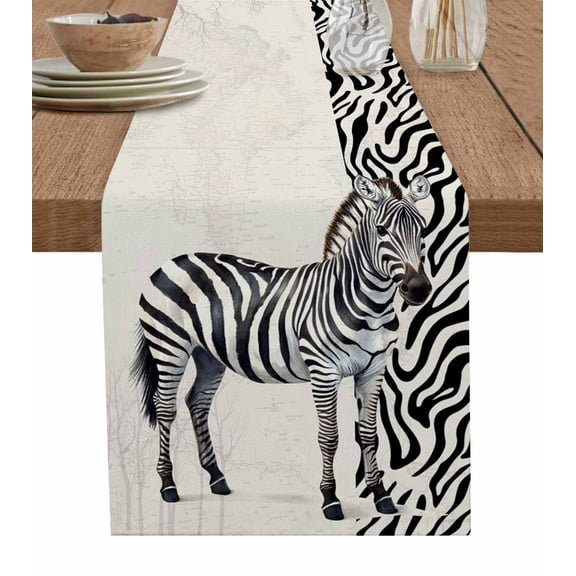 Vintage Zebra Burlap Cotton Table Runner 13x108 Inches Long, Modern Art Animal Watercolor Farmhouse Table Runners, Outdoor Dining Tablecloths Decor for Baby Shower/Party/Wedding