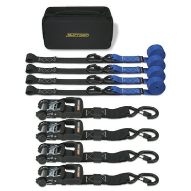 Ratchet Straps Heavy Duty Tie Downs, (4) 1.5"x 8' Heavy Duty Ratchet Strap with Integrated Soft Tie Hook, UTV Tie Down Straps, Motorcycle Tie Down Straps, Padded Handles & Coated Chromoly Hooks, Blue