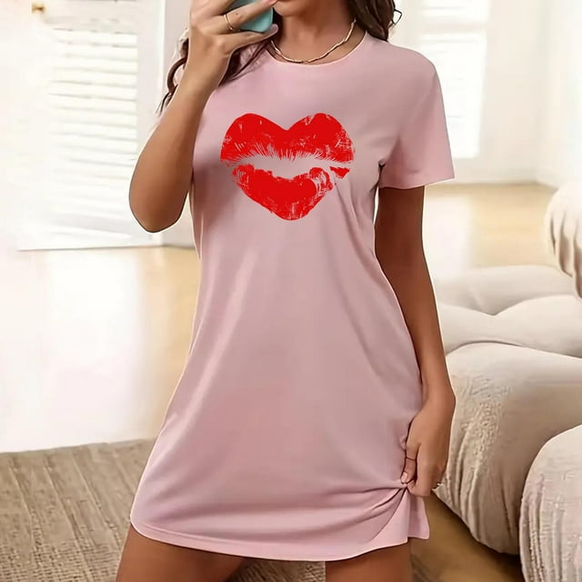 Sakmal Robe de Nuit Moomoo Grande Taille pour Femmes Rose Décontractée Courte Tenue d'Intérieur à Manches Courtes à Imprimé Cœur Chemises de Nuit pour Femmes