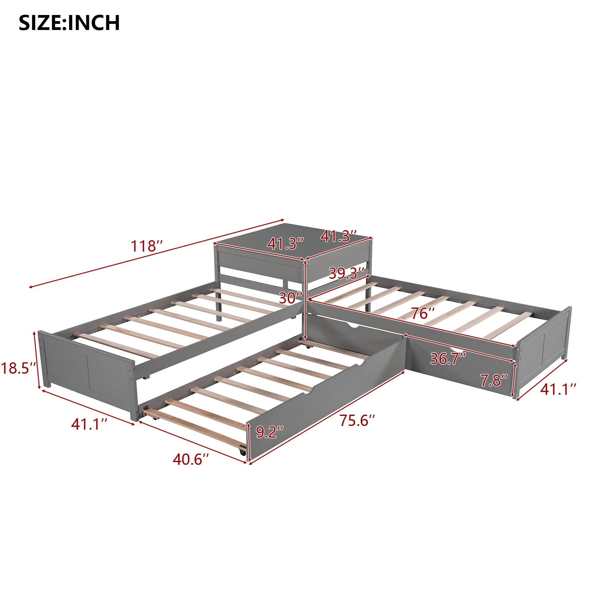 Euroco Pine Wood L-Shaped Twin Platform Bed with Trundle, 3 Beds in One for Bedroom, Trundle Bed with Drawers and Built-in Desk, Gray