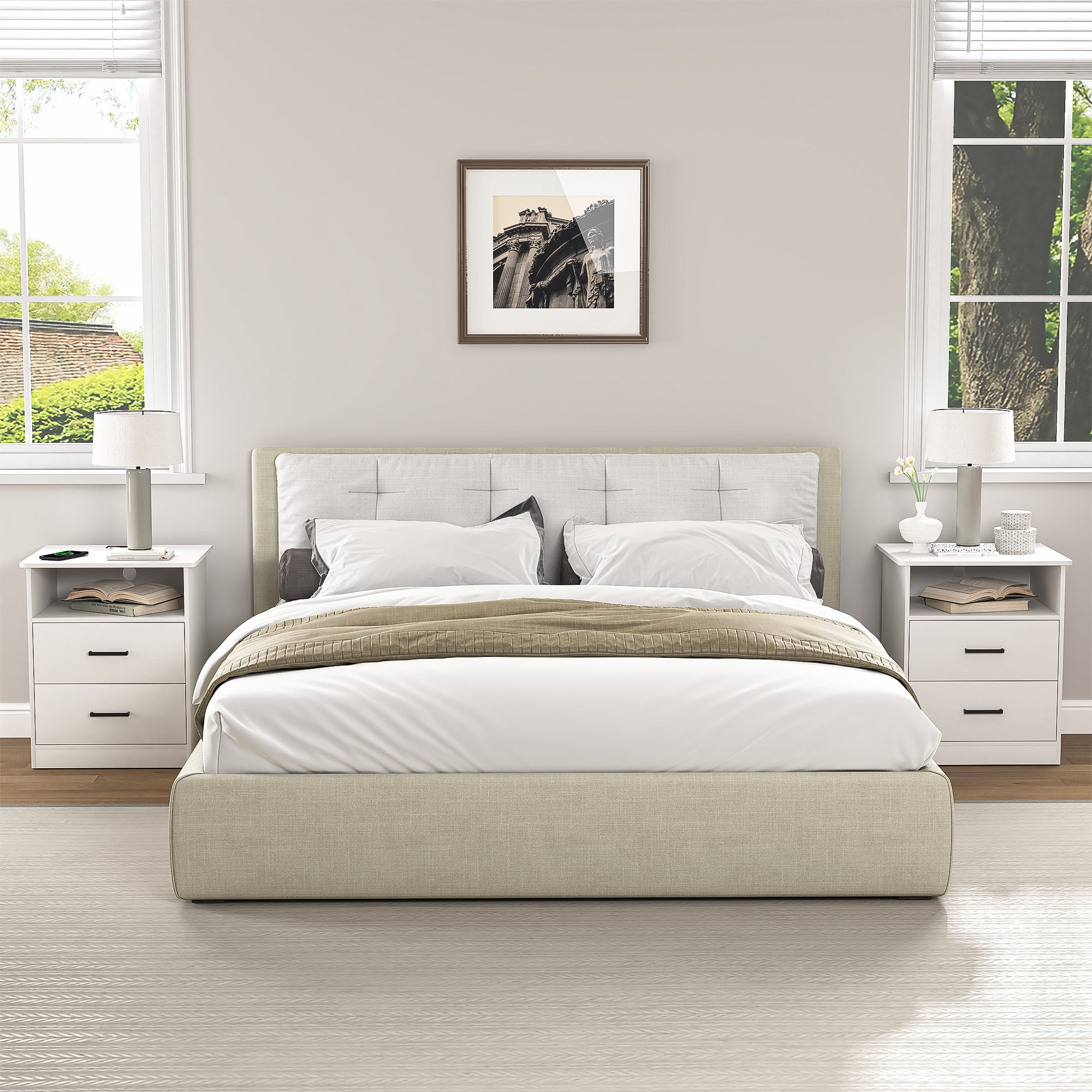 Resenkos 2 Drawer Bedroom Nightstand with Open Shelves, White Bedside Table