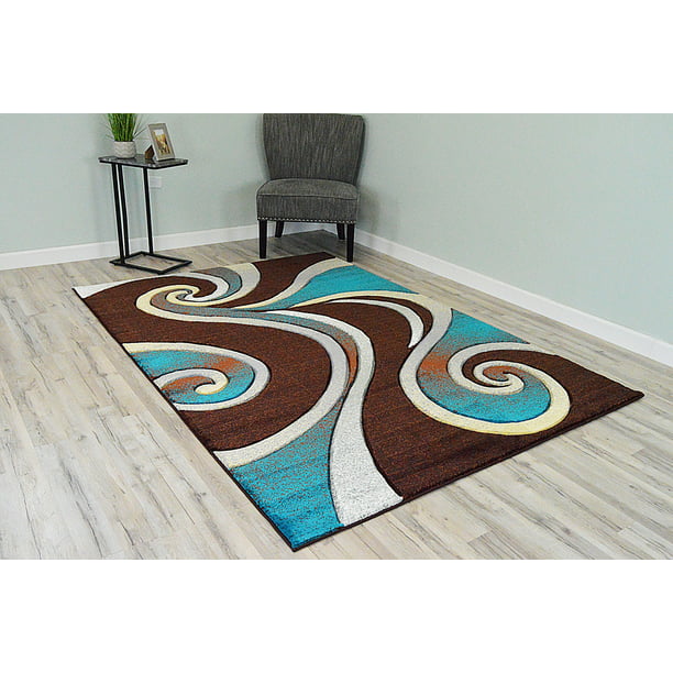 Premium 3d Effect Hand Carved Thick, Brown And Turquoise Area Rugs