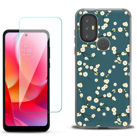 Slim-Fit Gel TPU Phone Case for Motorola Moto G Power 2022, with Tempered Glass Screen Protector, by OneToughShield ® - Blossom Green