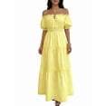 thumbnail image 2 of Women Off Shoulder Dresses Trendy Puff Short Sleeve Ruffle Flowy A Line Beach Party Maxi Dress Yellow S, 2 of 9