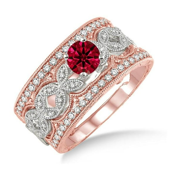 Antique 2.50 Carat Red Ruby Trio Diamond Moissanite Bridal Set Engagement Ring on 10k Rose Gold