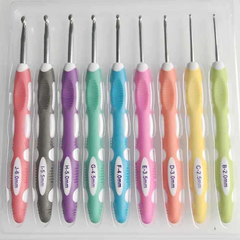 OUNONA 9-Piece Lightweight Aluminum Crochet Hook Set with Ergonomic Colorful Handles for Yarn Knitting and Weaving Crafts