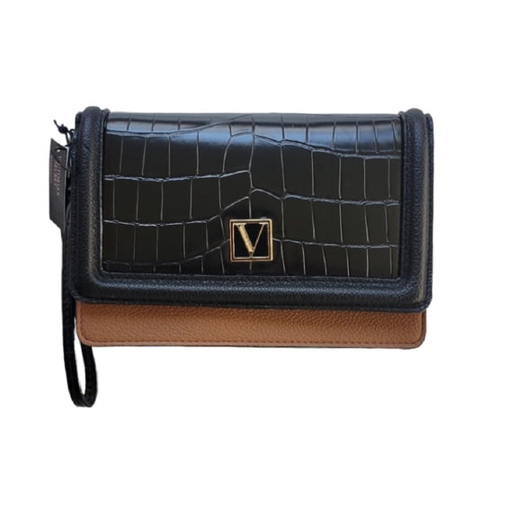 Victoria's Secret The Victoria Tech Wristlet Wallet Croc Colorblock Black & Brown NWT