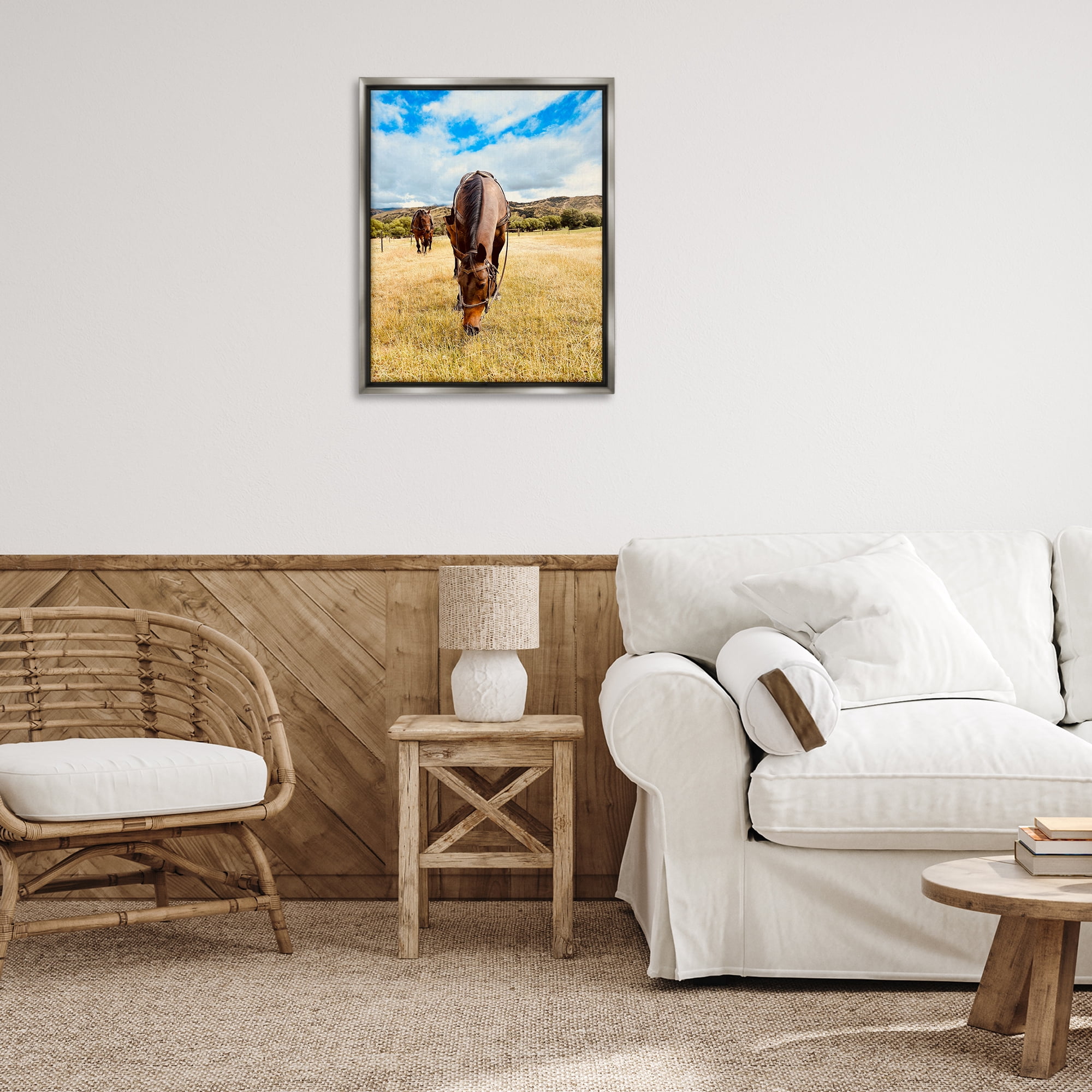 Stupell Industries Grazing Horses Pasture Animals Photography Gray Floater Framed Canvas Art Print Wall Art, 25 x 31