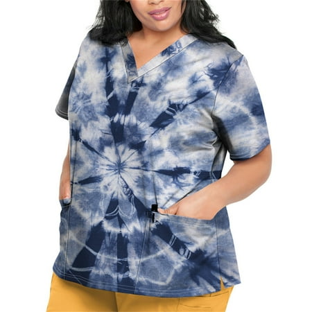 

Sksloeg Womens Scrub Tops Plus Size Breathable Tie-dye Printed Shirts Tee Tops Short Sleeve V-Neck Nursing Working Uniform with Pockets Navy XXXXL