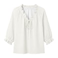 thumbnail image 5 of Elwylmiz Women's 3/4 Sleeve Tops Lace Up V Neck Blouses Boho Ruffled Trim Loose Fit Casual Shirts Summer Fall Outfits, 5 of 8