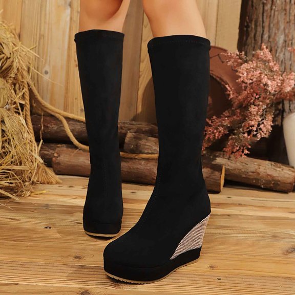 WAVSUF Women's Combat Mid Calf Boots Arch Support Anti Slip Soft Sole Winter Tall Boots Black 7.5