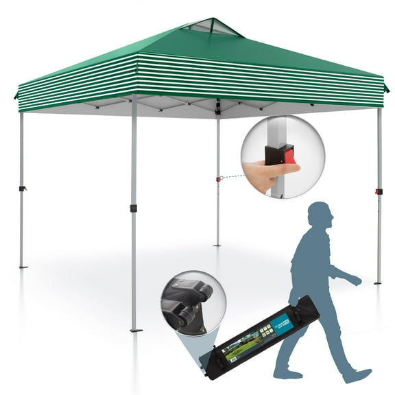 Summit Living 10 x 10ft Pop up Canopy Tent Straight Legs Instant Canopy for Outside with Wheeled Bag - Green and white stripes
