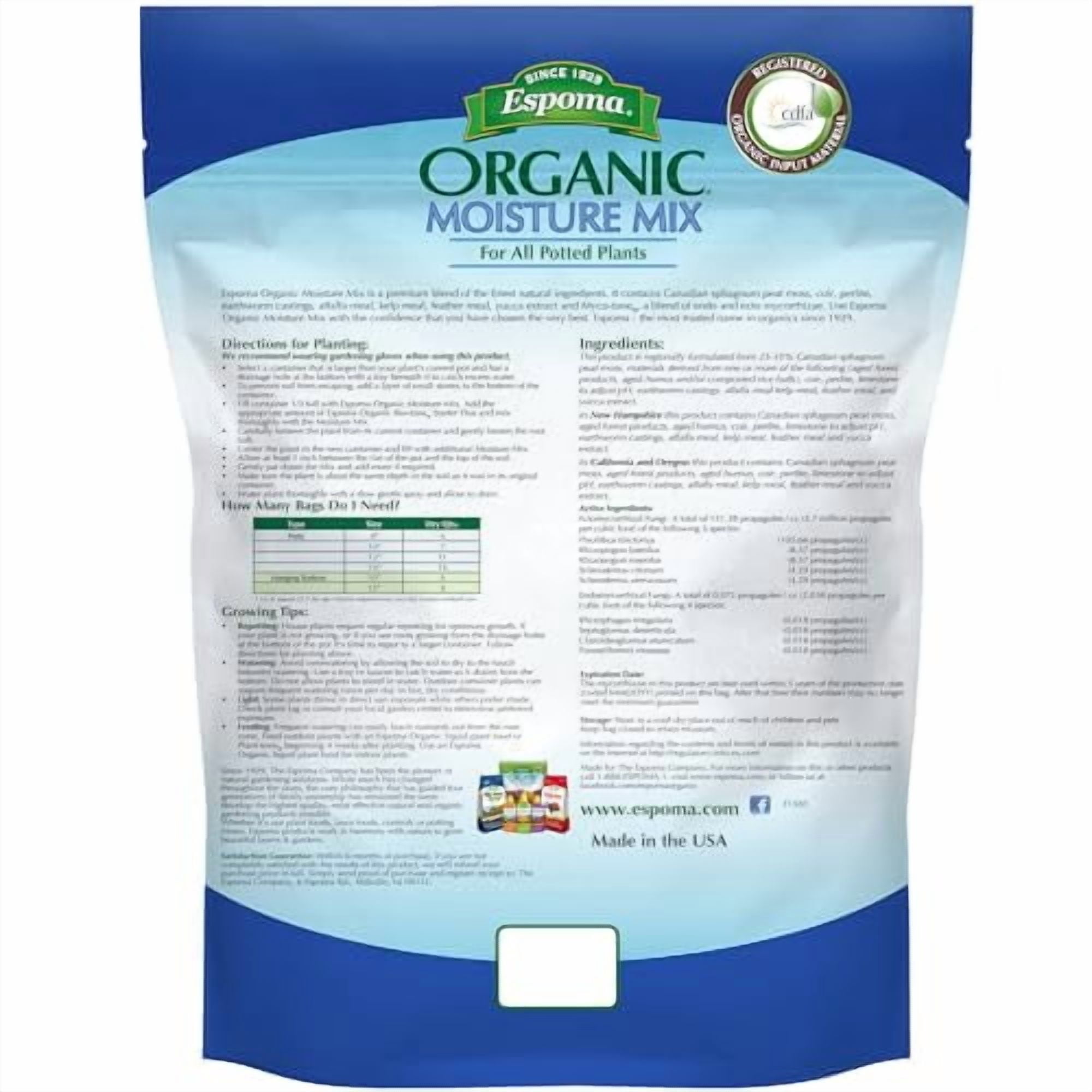 Espoma Organic Moisture Mix Potting Soil - All Natural Potting Mix for All Indoor & Outdoor Containers for Organic Gardening, 8 qt. Bag. Pack of 2