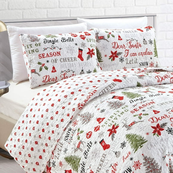 3-Piece Christmas Quilt Set with Shams. Reversible Bedspread Coverlet with Holiday Pattern. Carol Collection (King)