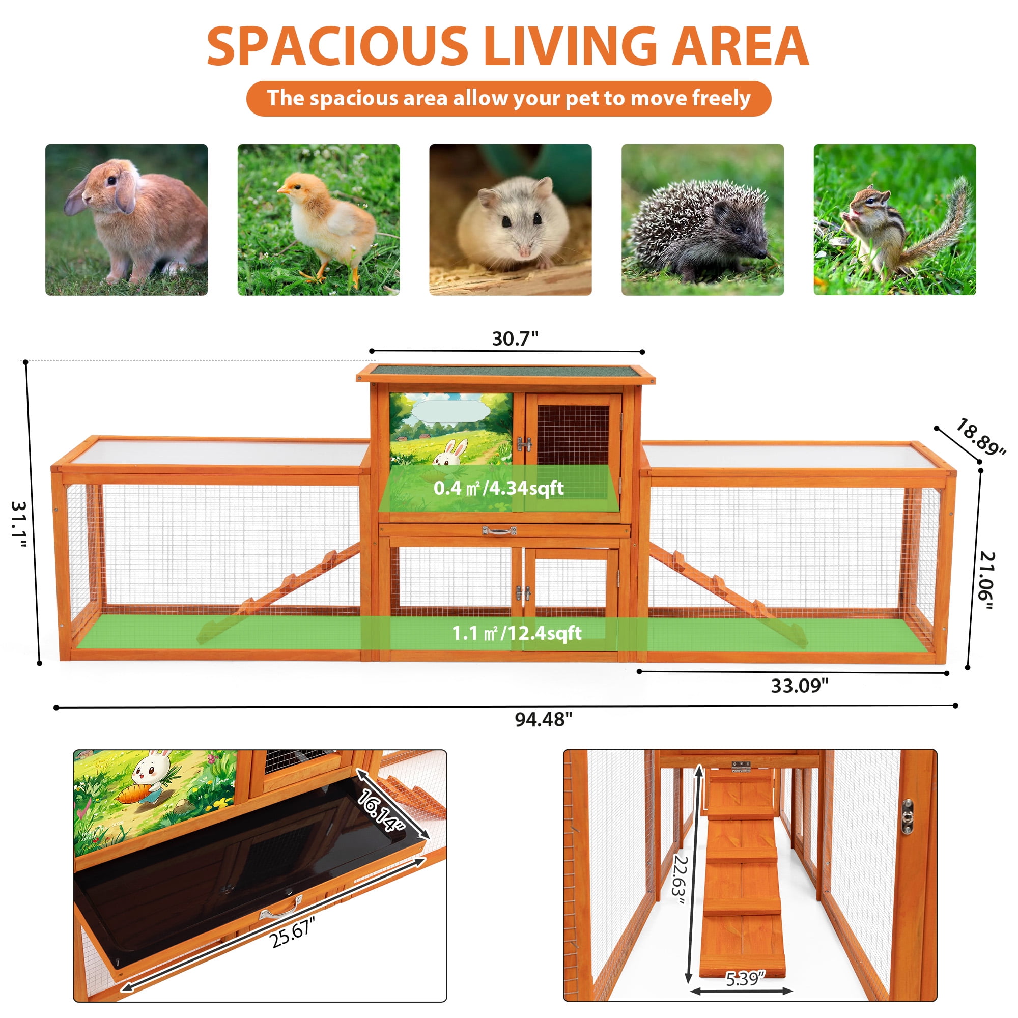 94'' Large Wood Rabbit Hutch Guinea Pig House 2-Tier Bunny Cage Chicken Coop Ramps Orange