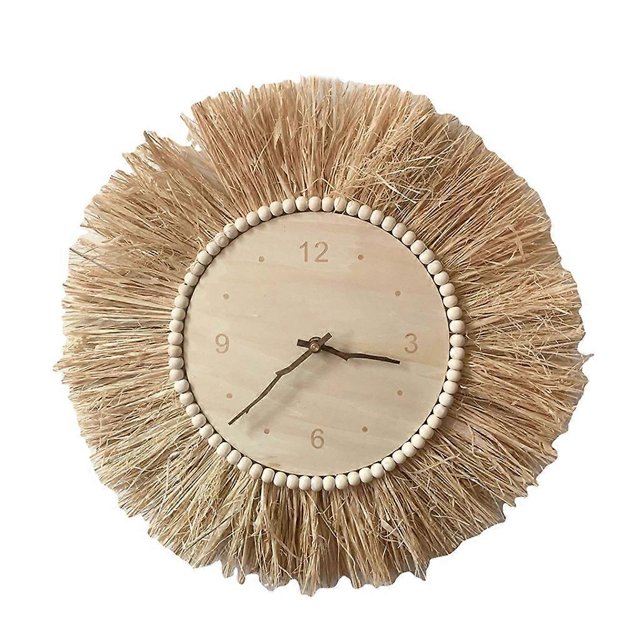 Reloj de pared grande de estilo nórdico con agujas de paja, hecho a mano