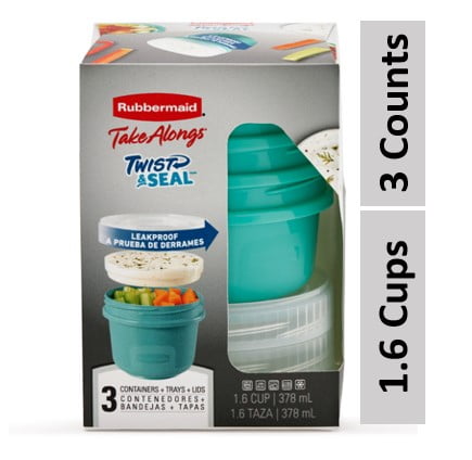 Rubbermaid TakeAlongs, 1.6 Cups, 3 Packs, Teal, Twist-an-Seal Meal Prep, Plastic Food Storage Containers