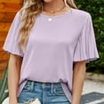thumbnail image 4 of Ruffle Sleeve Tops for Women Short Sleeve Round Neck Casual Shirts Solid Pullovers Elegant Summer Comfy Tops Purple,M, 4 of 7