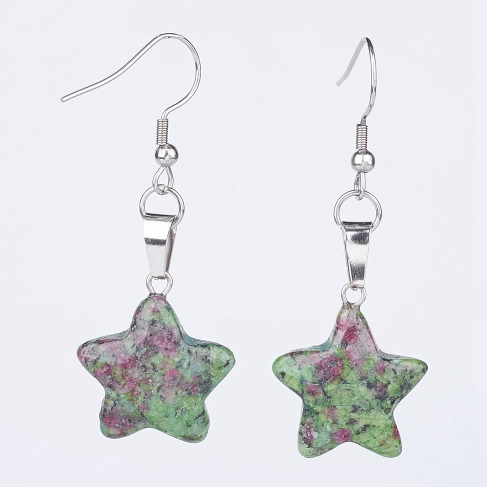 Natural & Synthetic Mixed Gemstone Dangle Earrings with 304 Stainless Steel Earring Hooks Star 52~53mm Pin: 0.6mm