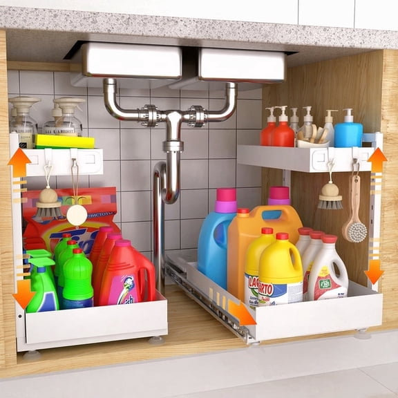 Eclaron 2 Pack Under Sink Organizer, 2 Tier Pull Out Cabinet Storage Shelf with Adjustable Height, Slide Out Drawer for Kitchen Bathroom Cabinet-White
